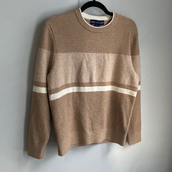 New Tan Cream Stripe Textures Sporty Bristol Club Sweater - Picture 1 of 6